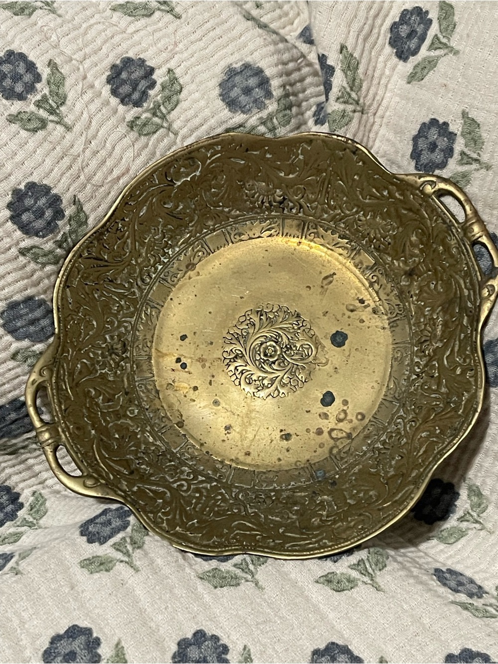 Vintage Embossed Brass Vanity Tray / Ornate Floral Trinket Dish with Handles